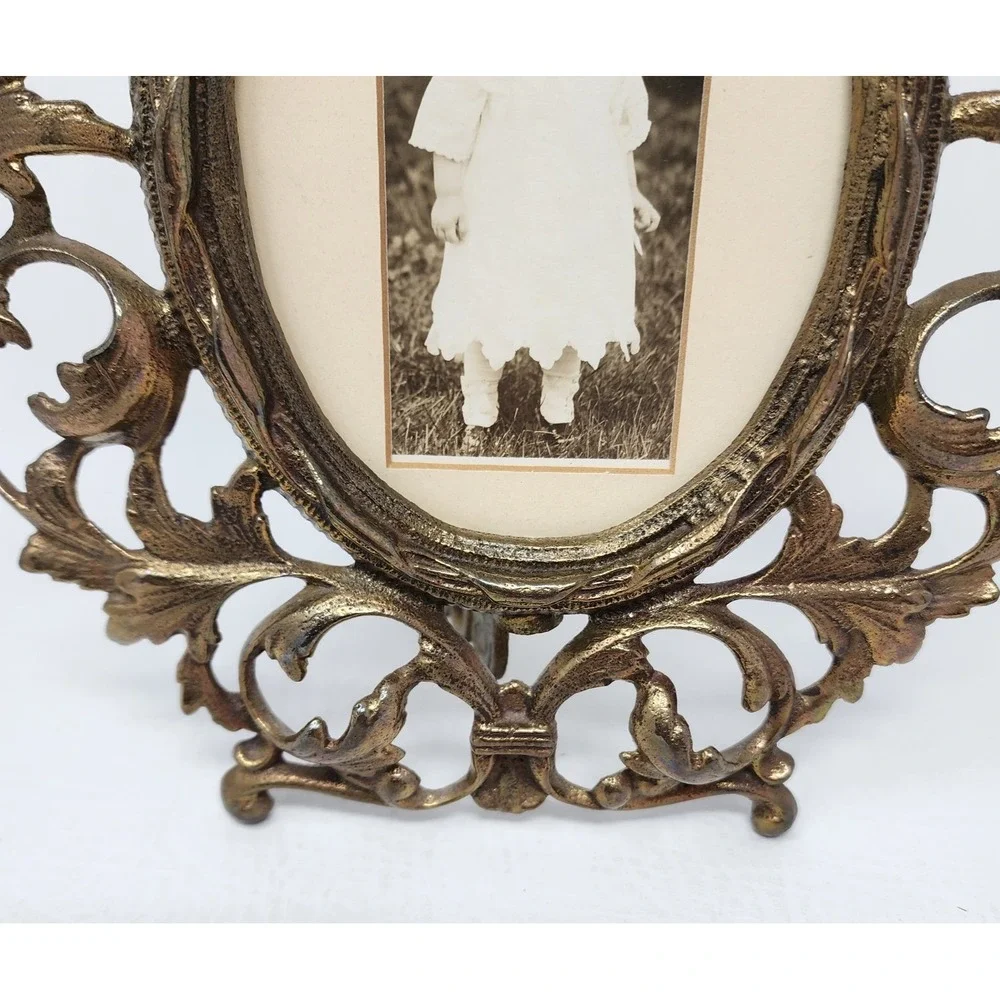 Antique Victorian Cast Metal Brass Oval Picture Frame Swing Easel Filigree 8x10